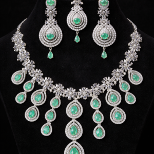 elegant teardrop mint stone necklace set with earrings & maang tikka