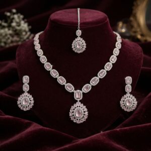 elegant teardrop mint stone necklace set with earrings & maang tikka