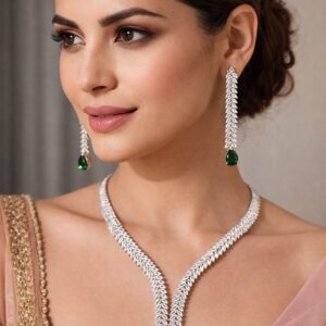 elegant teardrop mint stone necklace set with earrings & maang tikka