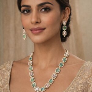 elegant teardrop mint stone necklace set with earrings & maang tikka