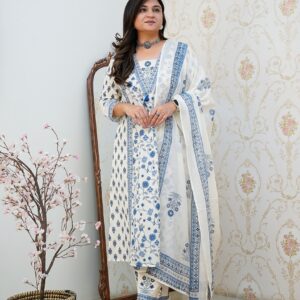 blue blossom cotton suit set with dupatta