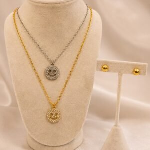 crystal smiley face layered necklace & stud earrings set